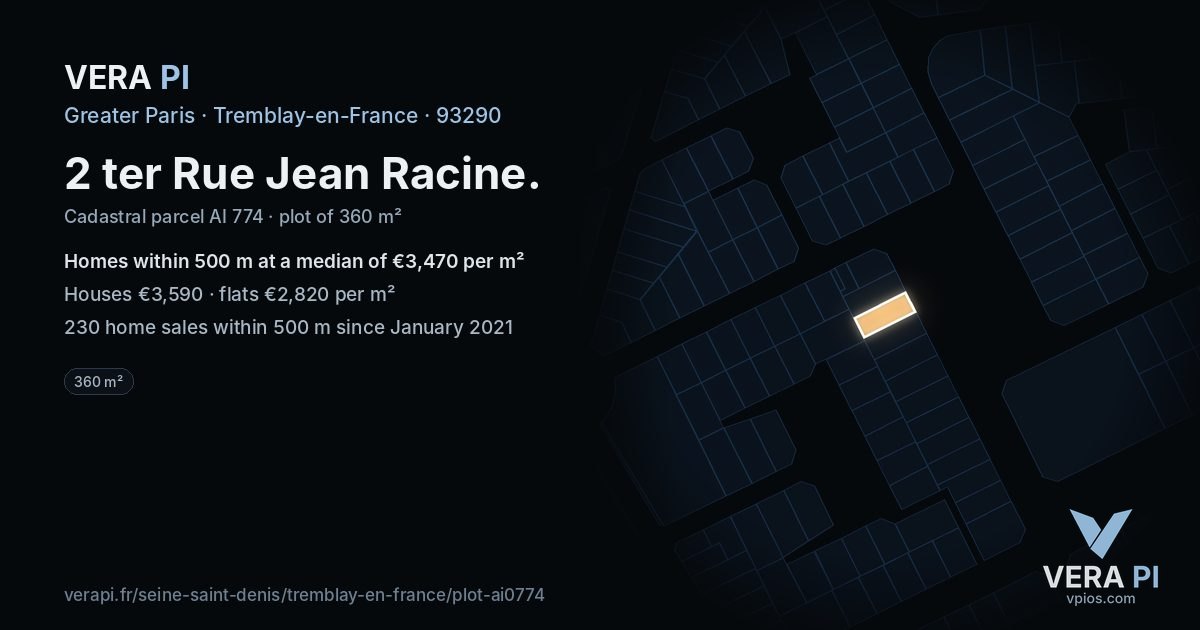 2 ter Rue Jean Racine, Tremblay-en-France at night – the plot lit, the parcels around coloured by the prices near them