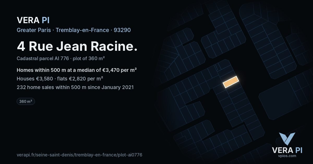 4 Rue Jean Racine, Tremblay-en-France at night – the plot lit, the parcels around coloured by the prices near them