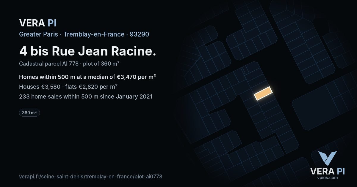4 bis Rue Jean Racine, Tremblay-en-France at night – the plot lit, the parcels around coloured by the prices near them