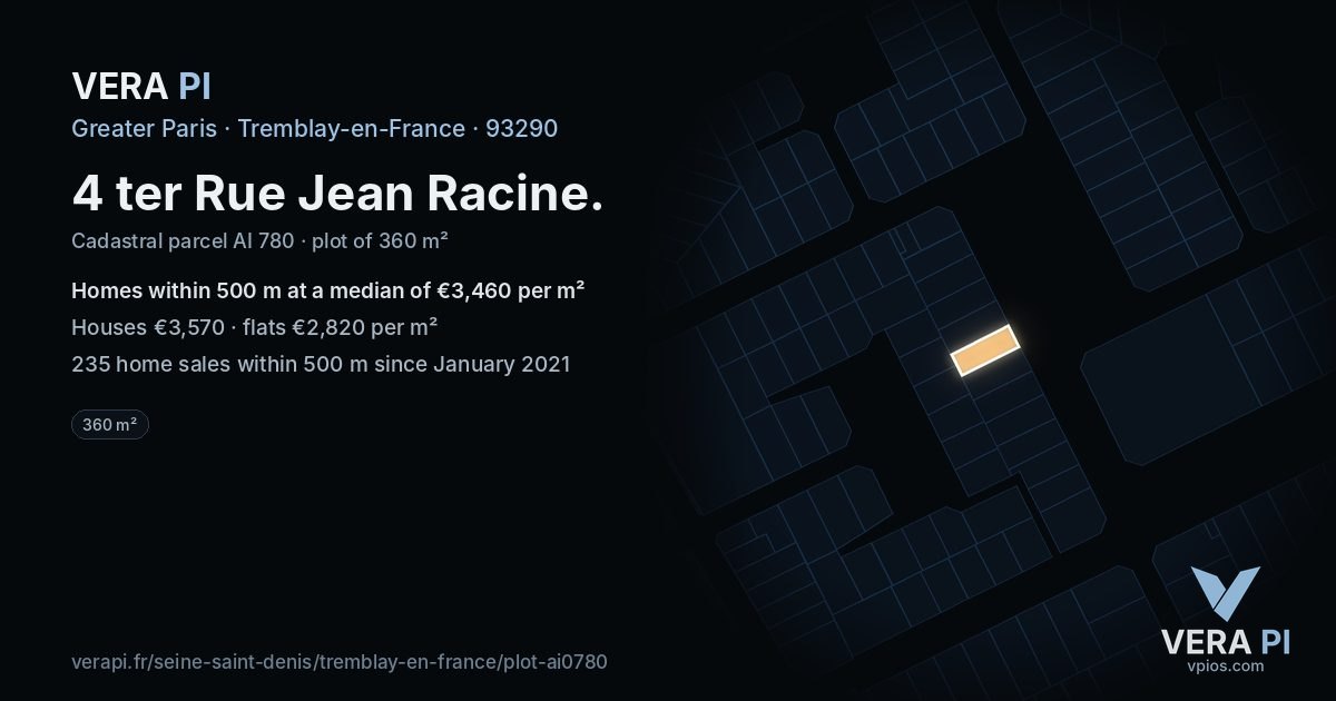 4 ter Rue Jean Racine, Tremblay-en-France at night – the plot lit, the parcels around coloured by the prices near them