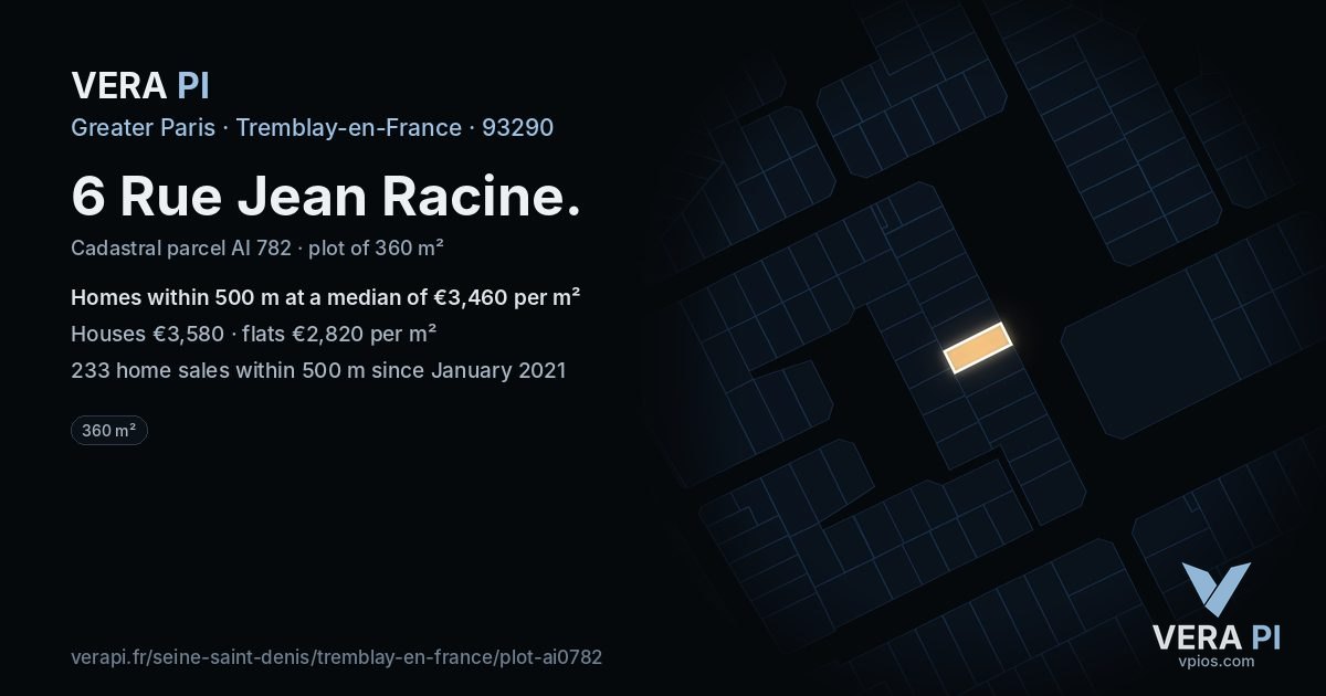 6 Rue Jean Racine, Tremblay-en-France at night – the plot lit, the parcels around coloured by the prices near them