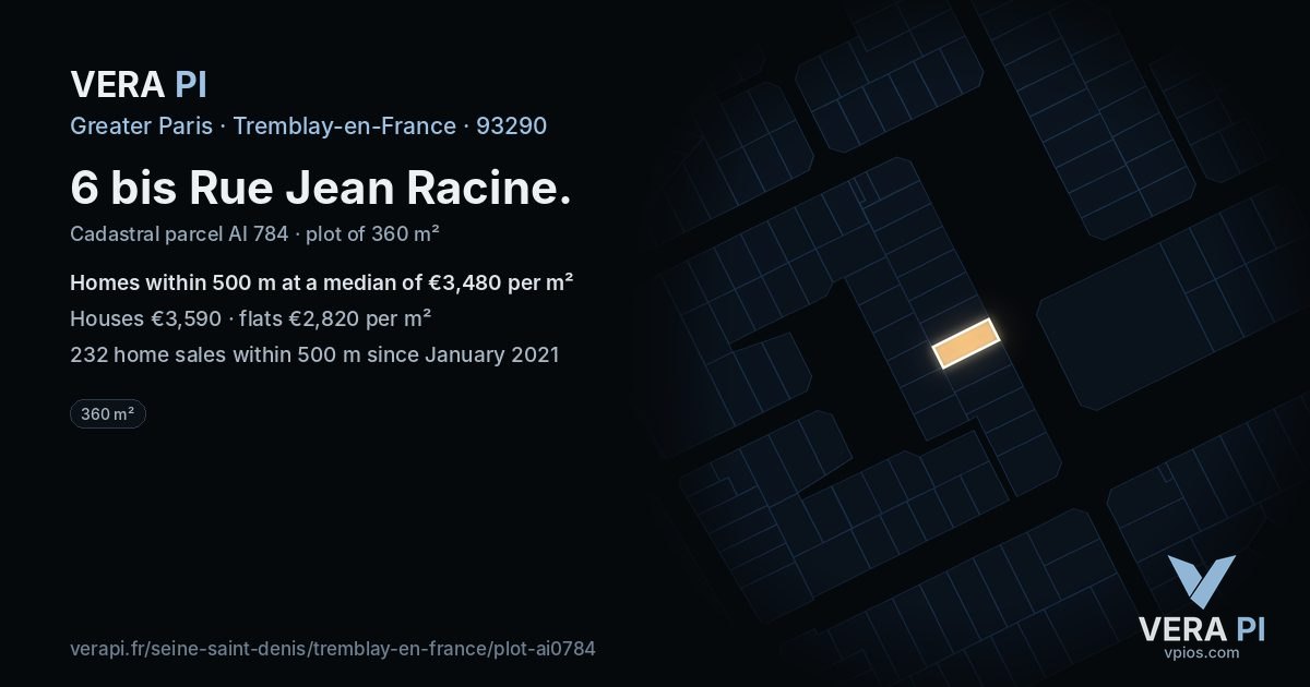 6 bis Rue Jean Racine, Tremblay-en-France at night – the plot lit, the parcels around coloured by the prices near them