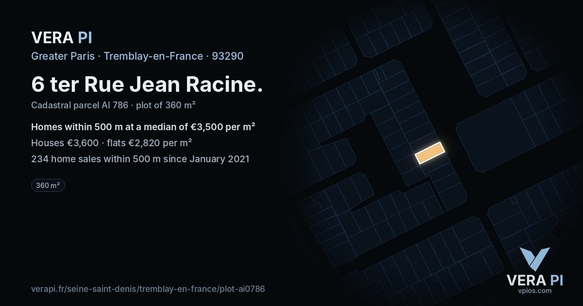 6 ter Rue Jean Racine, Tremblay-en-France at night – the plot lit, the parcels around coloured by the prices near them