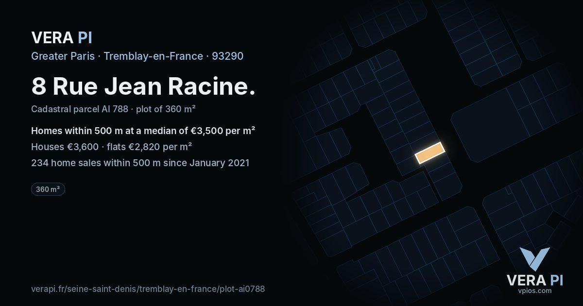 8 Rue Jean Racine, Tremblay-en-France at night – the plot lit, the parcels around coloured by the prices near them