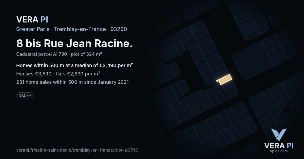 8 bis Rue Jean Racine, Tremblay-en-France at night – the plot lit, the parcels around coloured by the prices near them