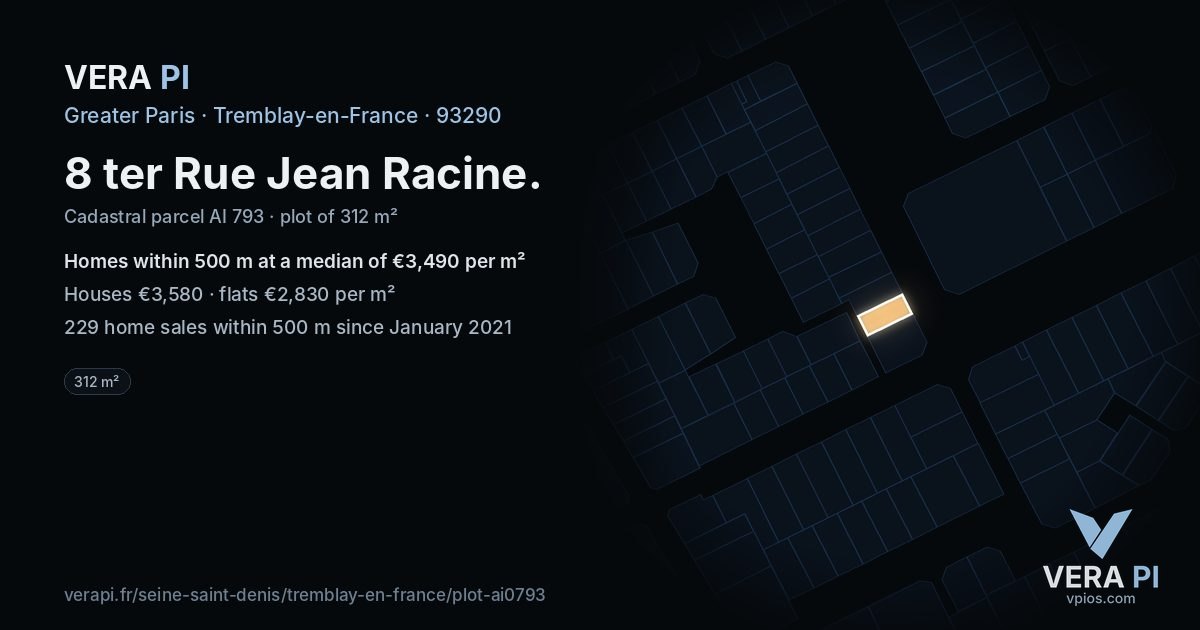 8 ter Rue Jean Racine, Tremblay-en-France at night – the plot lit, the parcels around coloured by the prices near them
