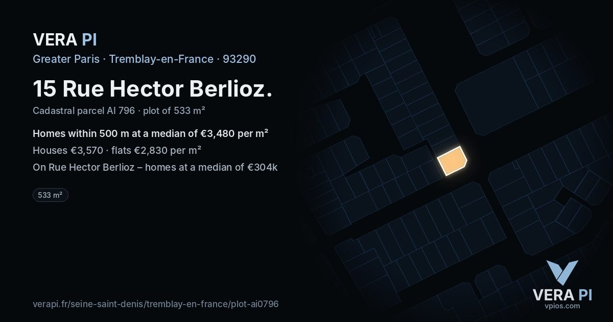 15 Rue Hector Berlioz, Tremblay-en-France at night – the plot lit, the parcels around coloured by the prices near them