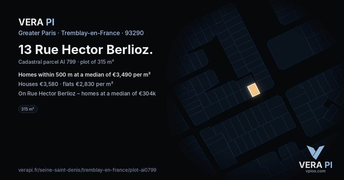 13 Rue Hector Berlioz, Tremblay-en-France at night – the plot lit, the parcels around coloured by the prices near them