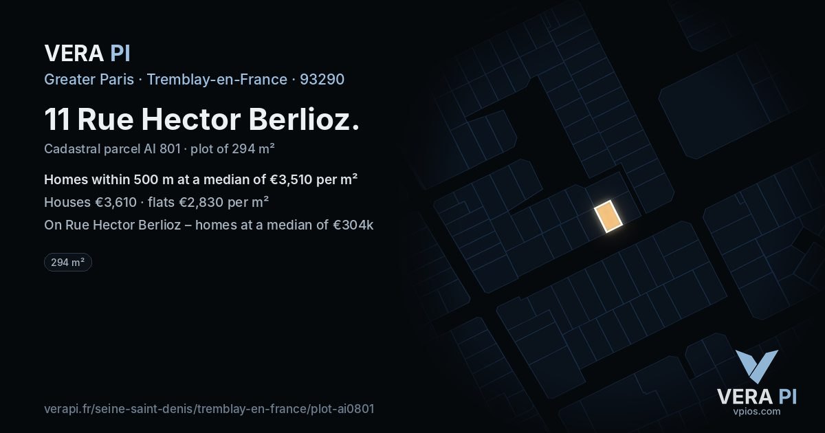 11 Rue Hector Berlioz, Tremblay-en-France at night – the plot lit, the parcels around coloured by the prices near them