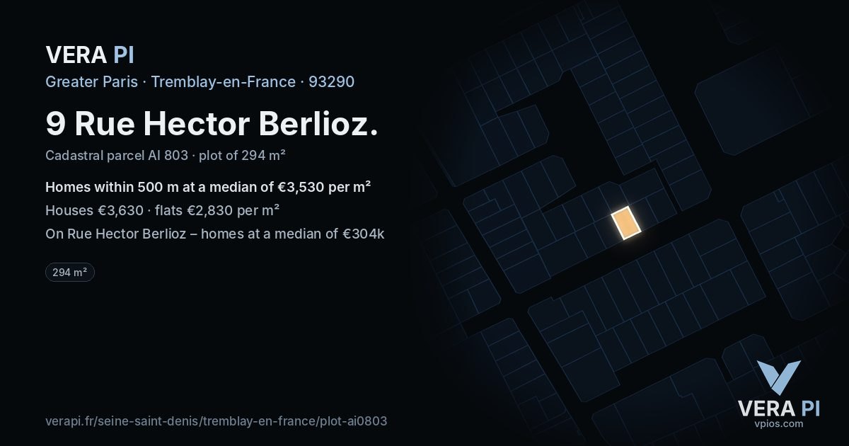 9 Rue Hector Berlioz, Tremblay-en-France at night – the plot lit, the parcels around coloured by the prices near them