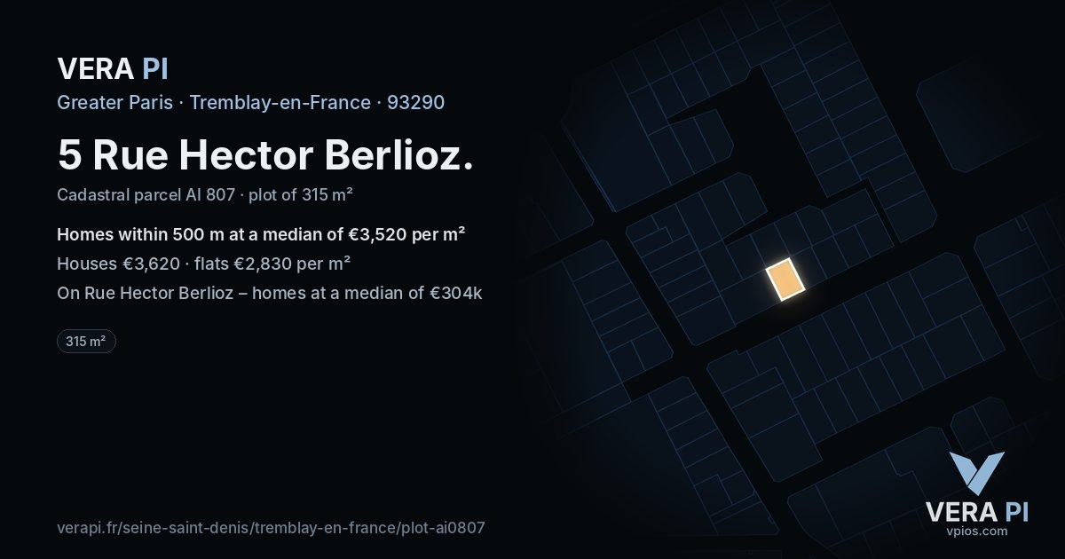 5 Rue Hector Berlioz, Tremblay-en-France at night – the plot lit, the parcels around coloured by the prices near them