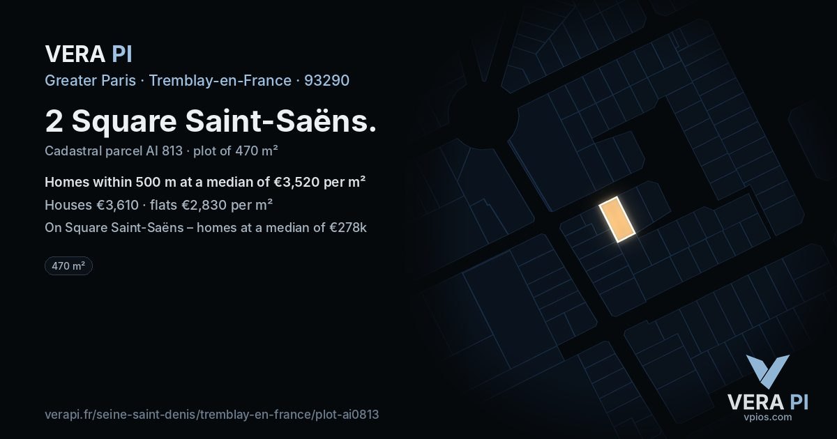 2 Square Saint-Saëns, Tremblay-en-France at night – the plot lit, the parcels around coloured by the prices near them