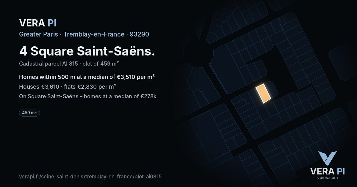 4 Square Saint-Saëns, Tremblay-en-France at night – the plot lit, the parcels around coloured by the prices near them