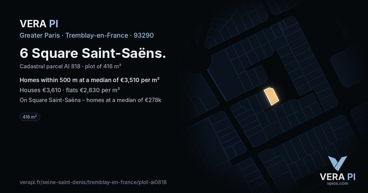 6 Square Saint-Saëns, Tremblay-en-France at night – the plot lit, the parcels around coloured by the prices near them