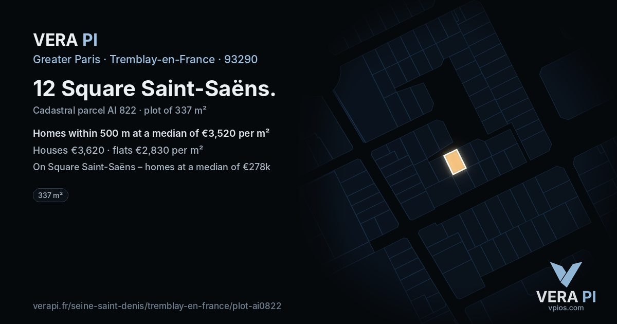 12 Square Saint-Saëns, Tremblay-en-France at night – the plot lit, the parcels around coloured by the prices near them