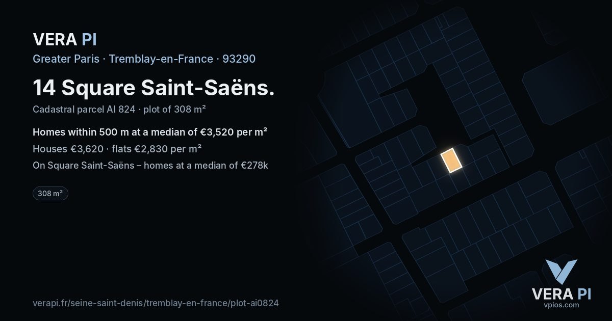 14 Square Saint-Saëns, Tremblay-en-France at night – the plot lit, the parcels around coloured by the prices near them