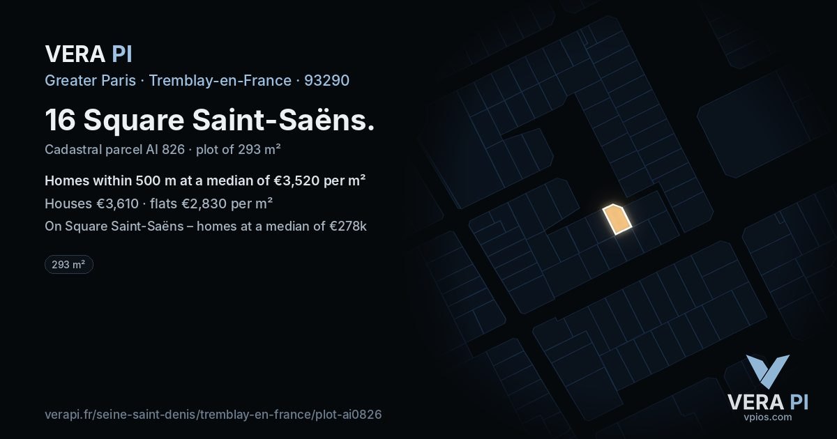 16 Square Saint-Saëns, Tremblay-en-France at night – the plot lit, the parcels around coloured by the prices near them