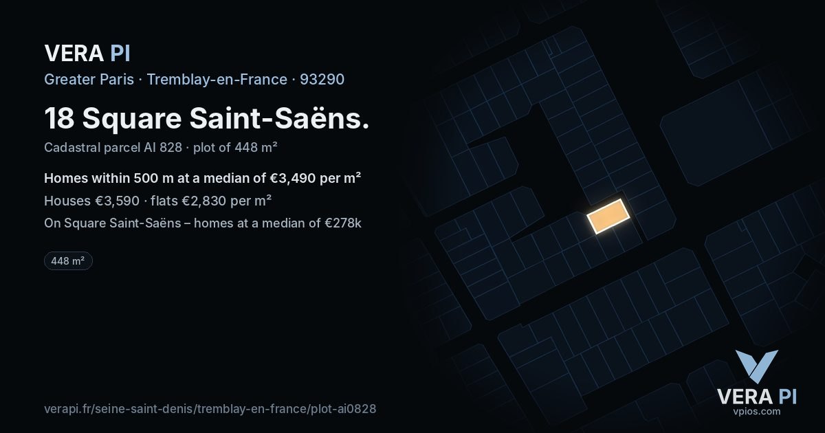 18 Square Saint-Saëns, Tremblay-en-France at night – the plot lit, the parcels around coloured by the prices near them