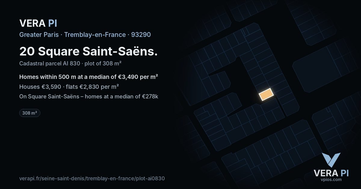 20 Square Saint-Saëns, Tremblay-en-France at night – the plot lit, the parcels around coloured by the prices near them