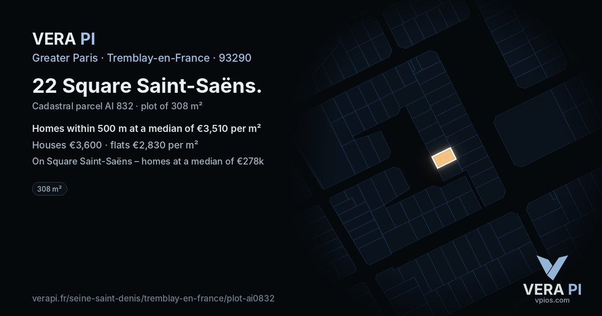 22 Square Saint-Saëns, Tremblay-en-France at night – the plot lit, the parcels around coloured by the prices near them