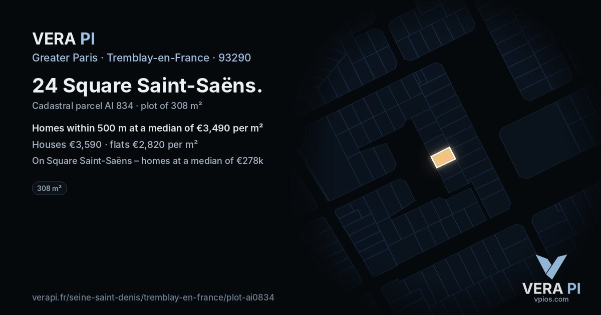 24 Square Saint-Saëns, Tremblay-en-France at night – the plot lit, the parcels around coloured by the prices near them