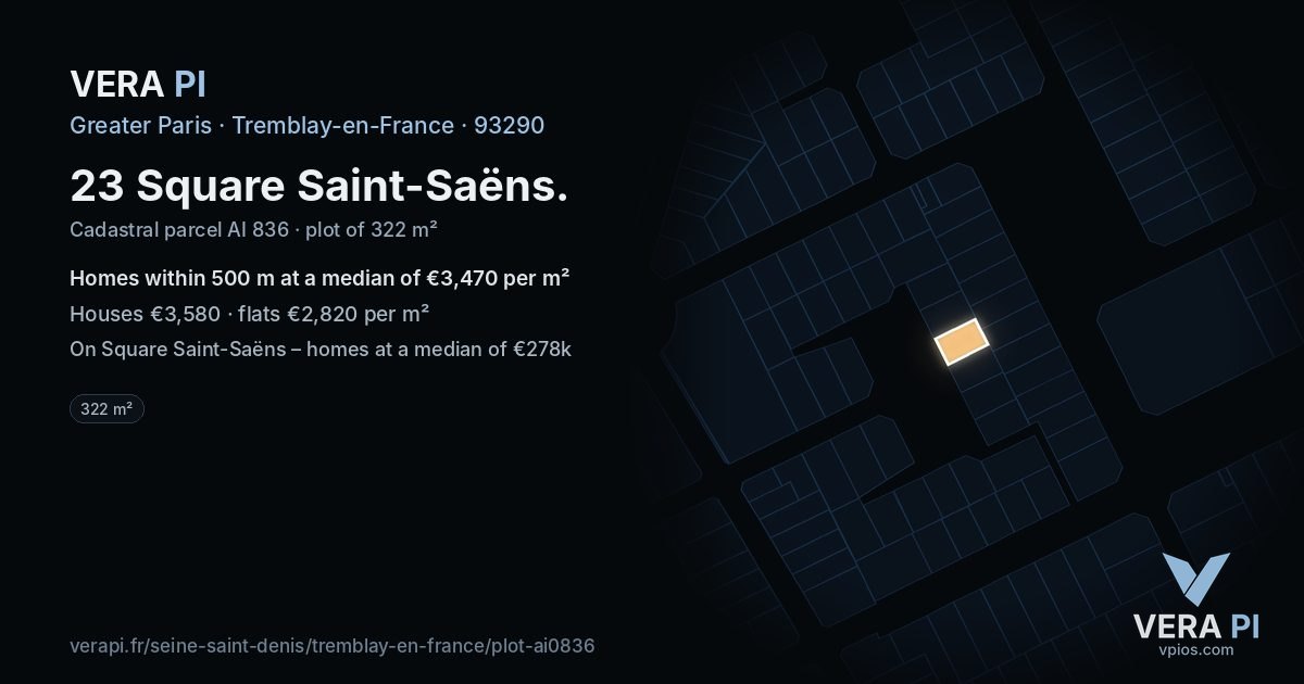 23 Square Saint-Saëns, Tremblay-en-France at night – the plot lit, the parcels around coloured by the prices near them