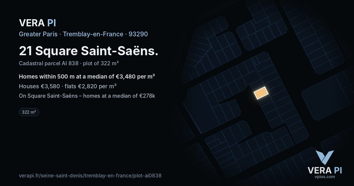 21 Square Saint-Saëns, Tremblay-en-France at night – the plot lit, the parcels around coloured by the prices near them