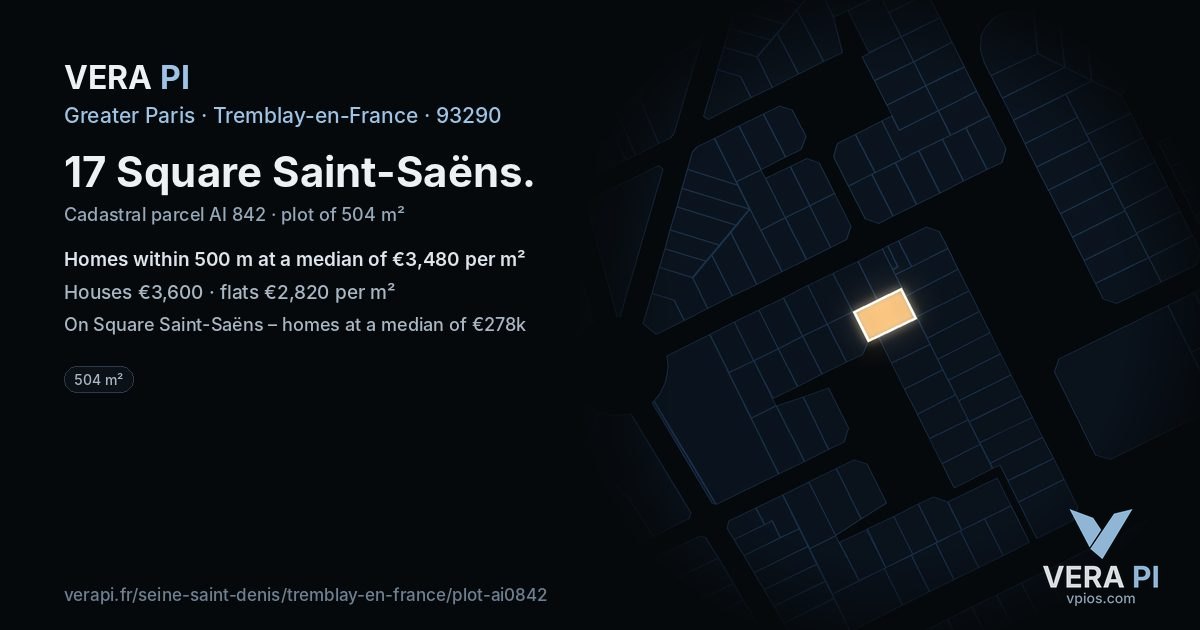 17 Square Saint-Saëns, Tremblay-en-France at night – the plot lit, the parcels around coloured by the prices near them