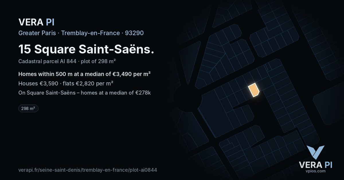 15 Square Saint-Saëns, Tremblay-en-France at night – the plot lit, the parcels around coloured by the prices near them