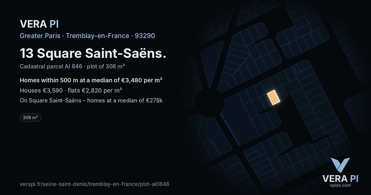 13 Square Saint-Saëns, Tremblay-en-France at night – the plot lit, the parcels around coloured by the prices near them