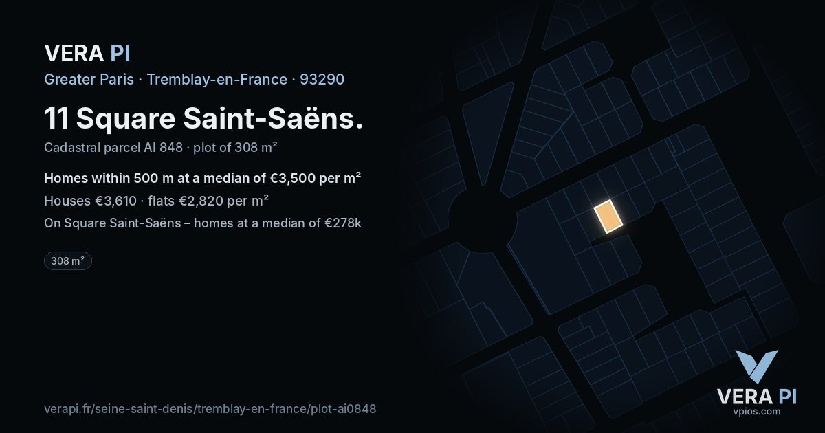 11 Square Saint-Saëns, Tremblay-en-France at night – the plot lit, the parcels around coloured by the prices near them