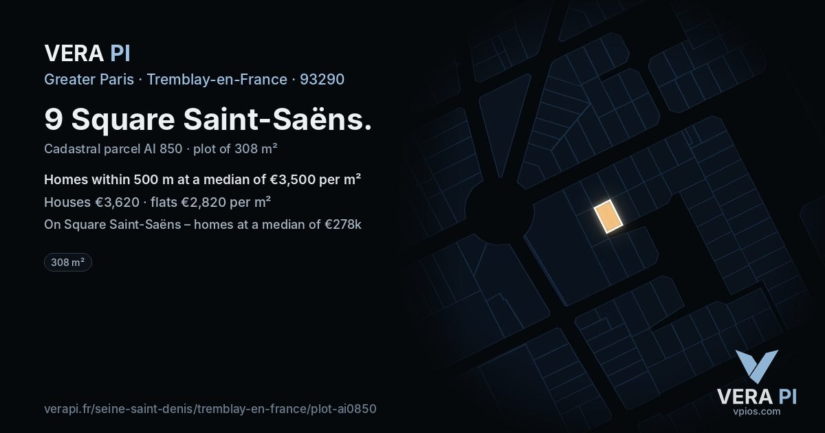 9 Square Saint-Saëns, Tremblay-en-France at night – the plot lit, the parcels around coloured by the prices near them