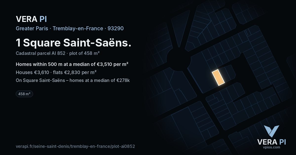 1 Square Saint-Saëns, Tremblay-en-France at night – the plot lit, the parcels around coloured by the prices near them