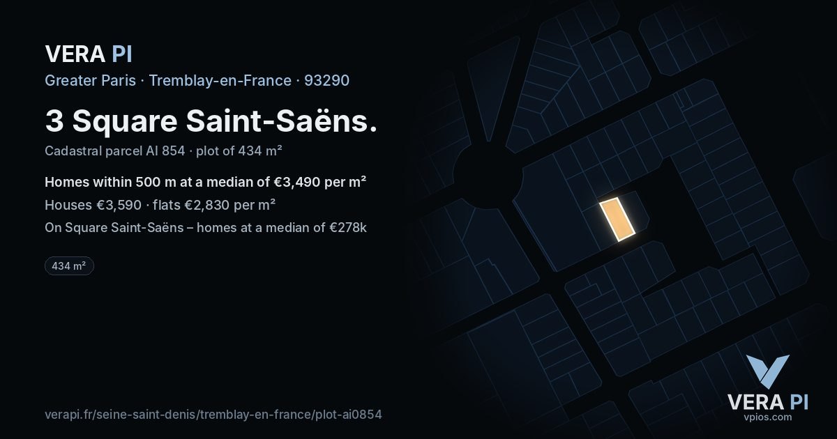 3 Square Saint-Saëns, Tremblay-en-France at night – the plot lit, the parcels around coloured by the prices near them