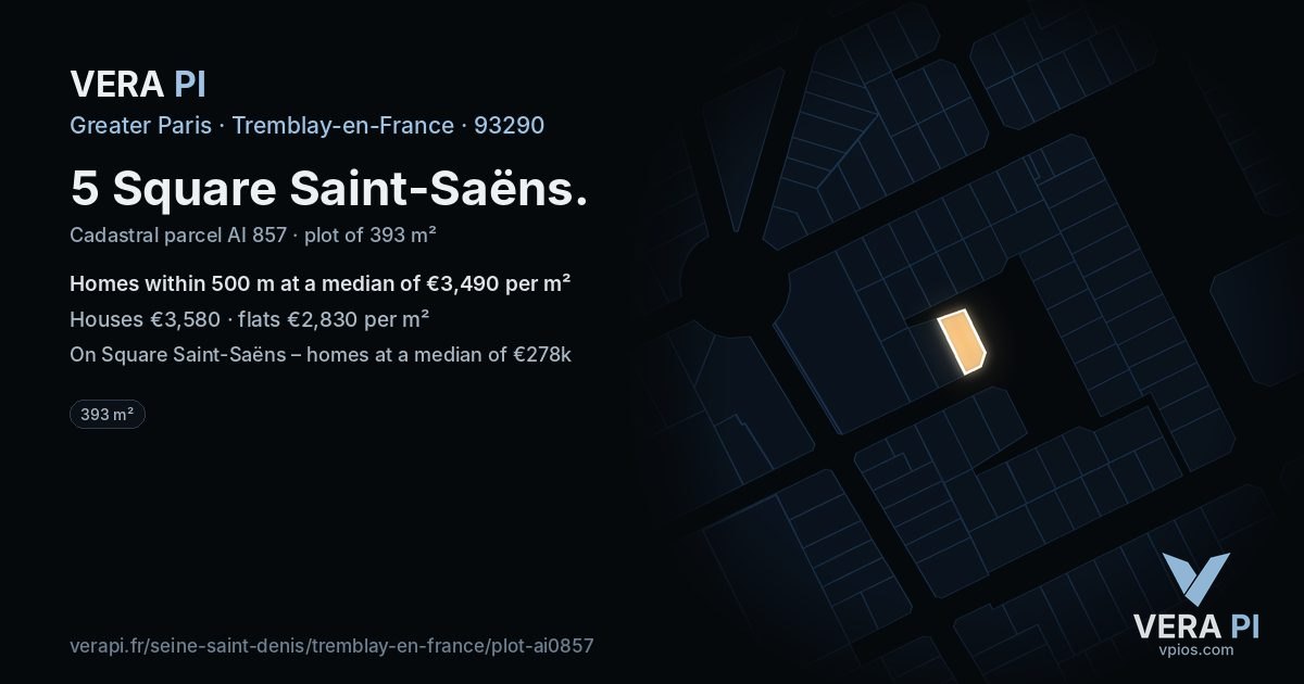 5 Square Saint-Saëns, Tremblay-en-France at night – the plot lit, the parcels around coloured by the prices near them