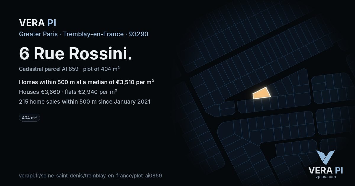 6 Rue Rossini, Tremblay-en-France at night – the plot lit, the parcels around coloured by the prices near them