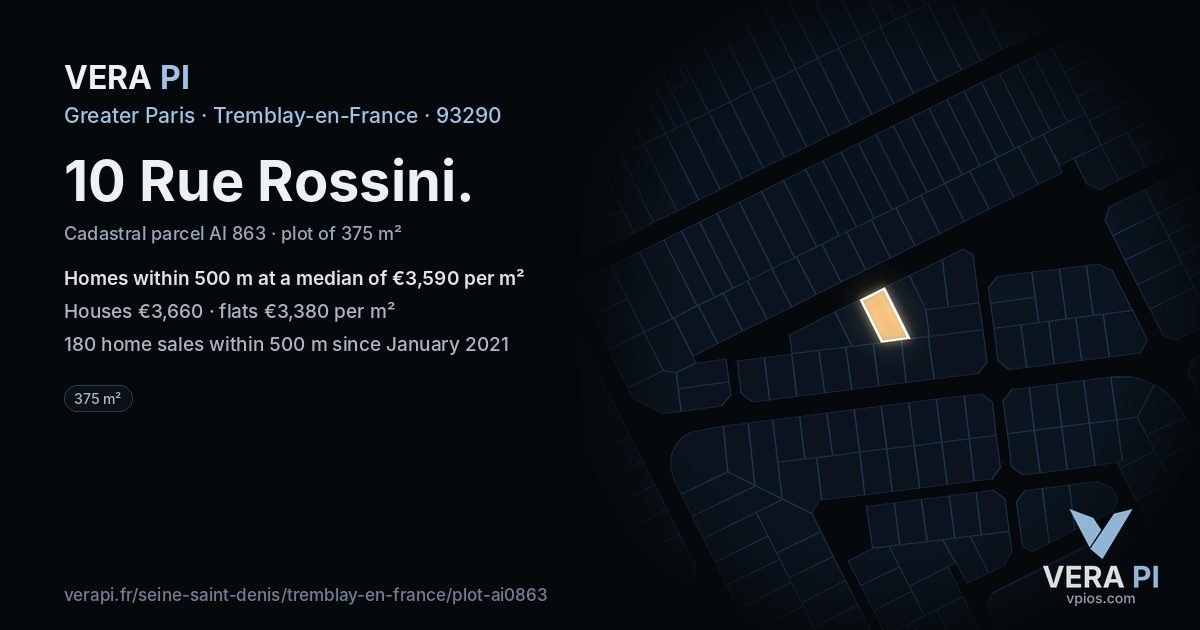 10 Rue Rossini, Tremblay-en-France at night – the plot lit, the parcels around coloured by the prices near them
