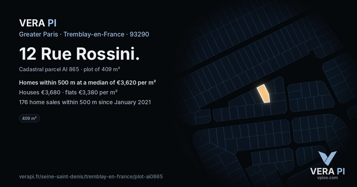 12 Rue Rossini, Tremblay-en-France at night – the plot lit, the parcels around coloured by the prices near them