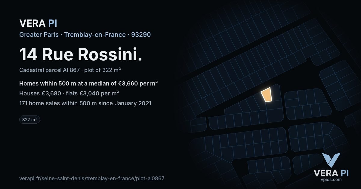 14 Rue Rossini, Tremblay-en-France at night – the plot lit, the parcels around coloured by the prices near them