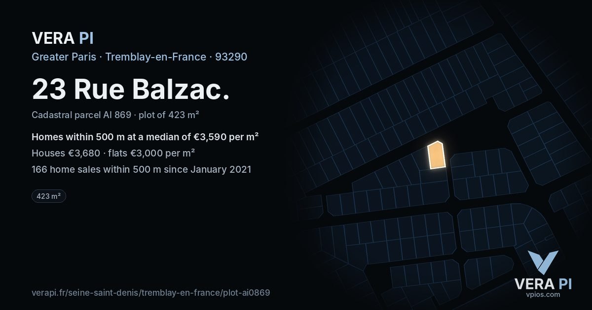 23 Rue Balzac, Tremblay-en-France at night – the plot lit, the parcels around coloured by the prices near them