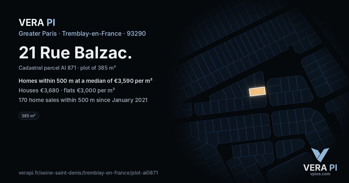 21 Rue Balzac, Tremblay-en-France at night – the plot lit, the parcels around coloured by the prices near them