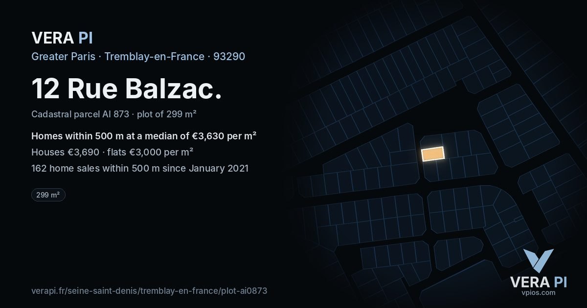 12 Rue Balzac, Tremblay-en-France at night – the plot lit, the parcels around coloured by the prices near them