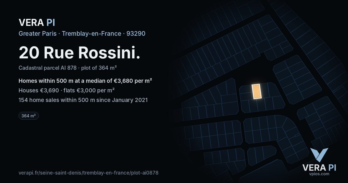 20 Rue Rossini, Tremblay-en-France at night – the plot lit, the parcels around coloured by the prices near them