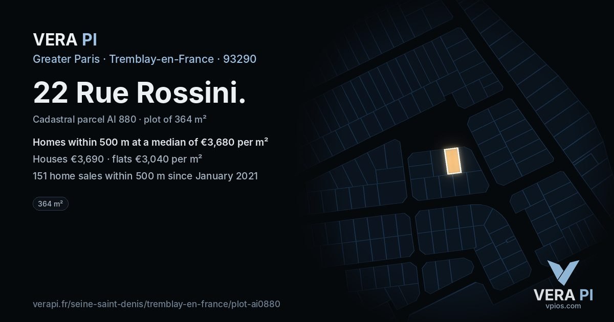22 Rue Rossini, Tremblay-en-France at night – the plot lit, the parcels around coloured by the prices near them
