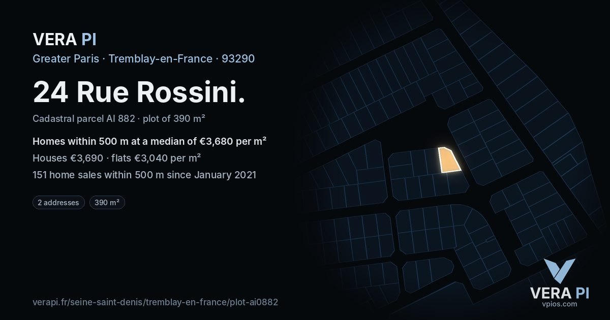 24 Rue Rossini, Tremblay-en-France at night – the plot lit, the parcels around coloured by the prices near them
