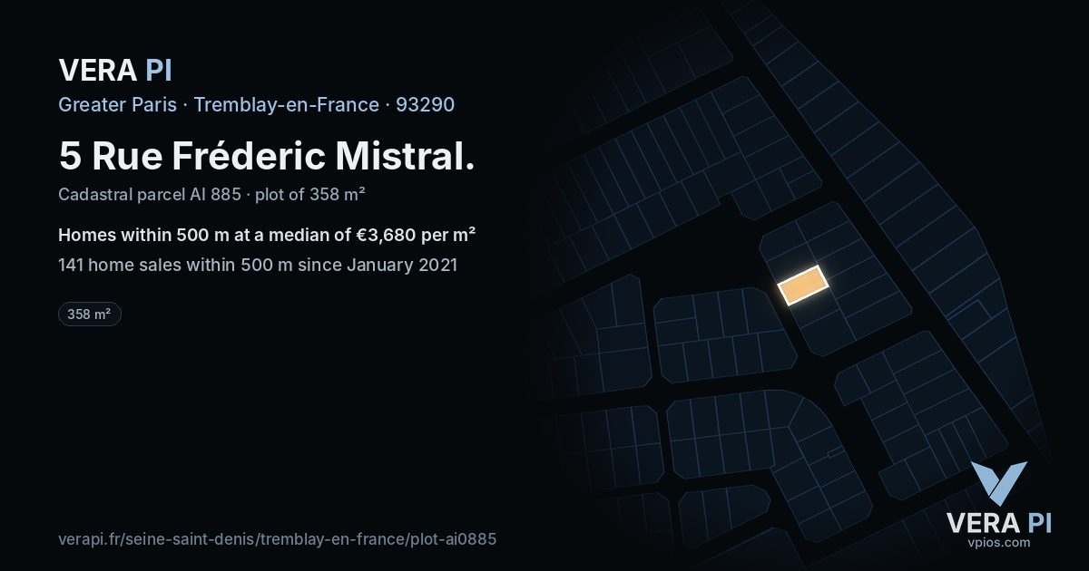 5 Rue Fréderic Mistral, Tremblay-en-France at night – the plot lit, the parcels around coloured by the prices near them