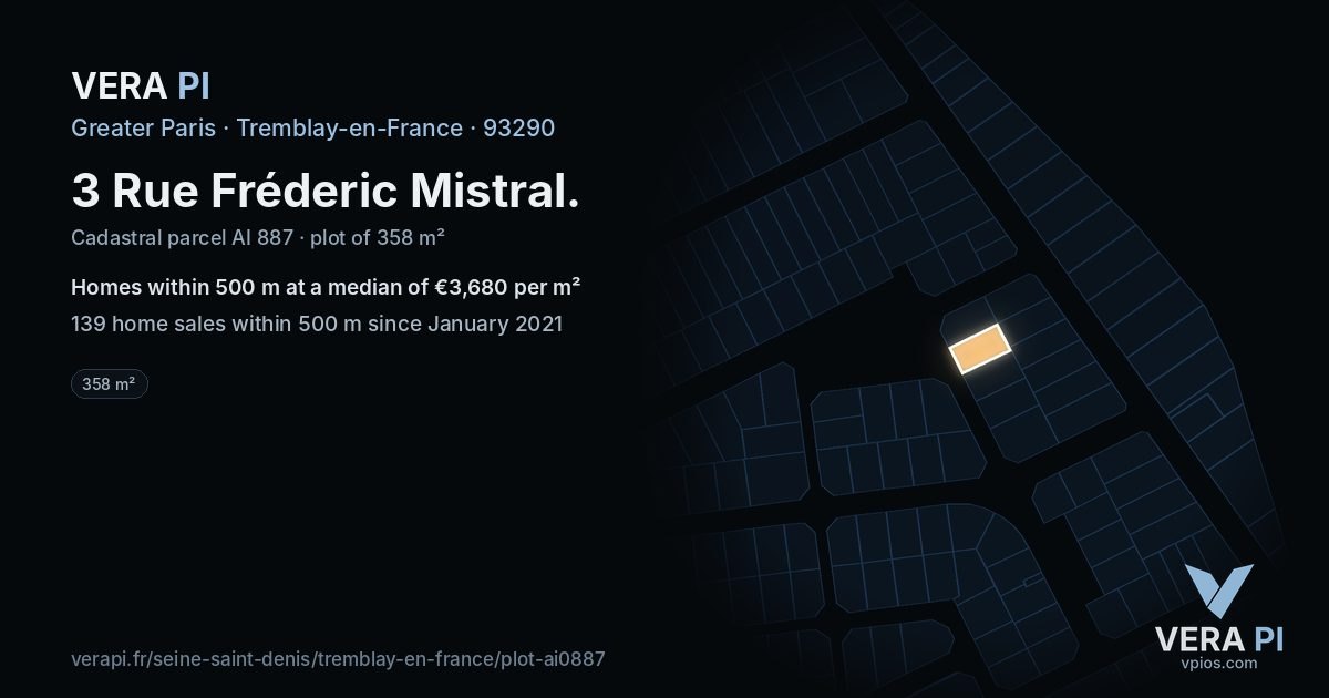 3 Rue Fréderic Mistral, Tremblay-en-France at night – the plot lit, the parcels around coloured by the prices near them
