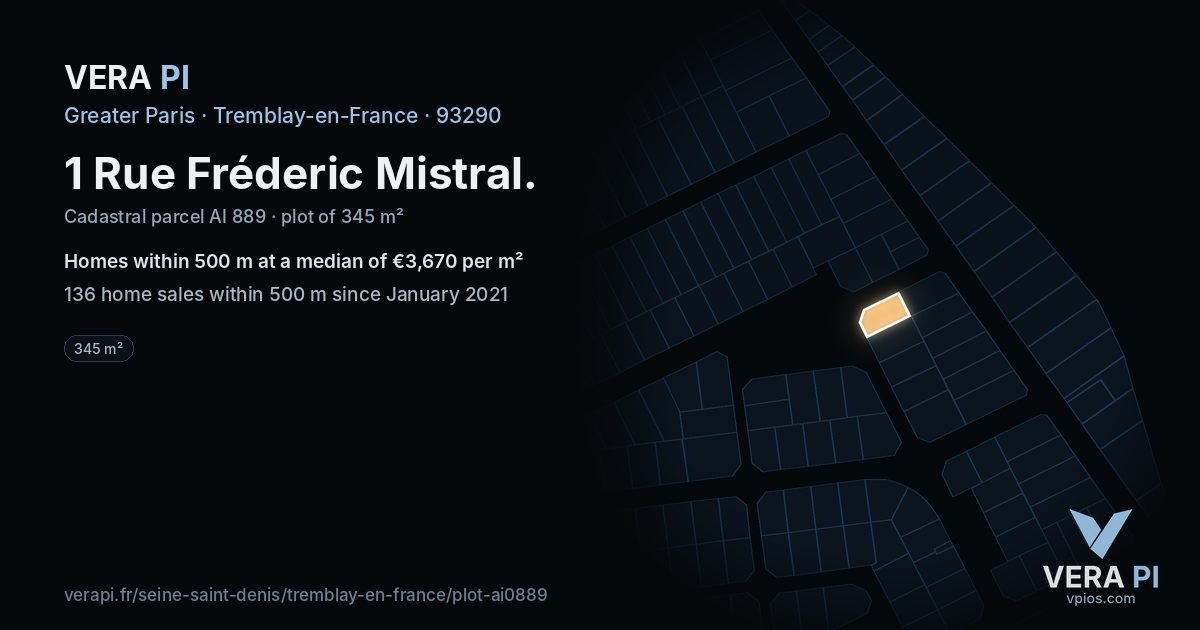 1 Rue Fréderic Mistral, Tremblay-en-France at night – the plot lit, the parcels around coloured by the prices near them