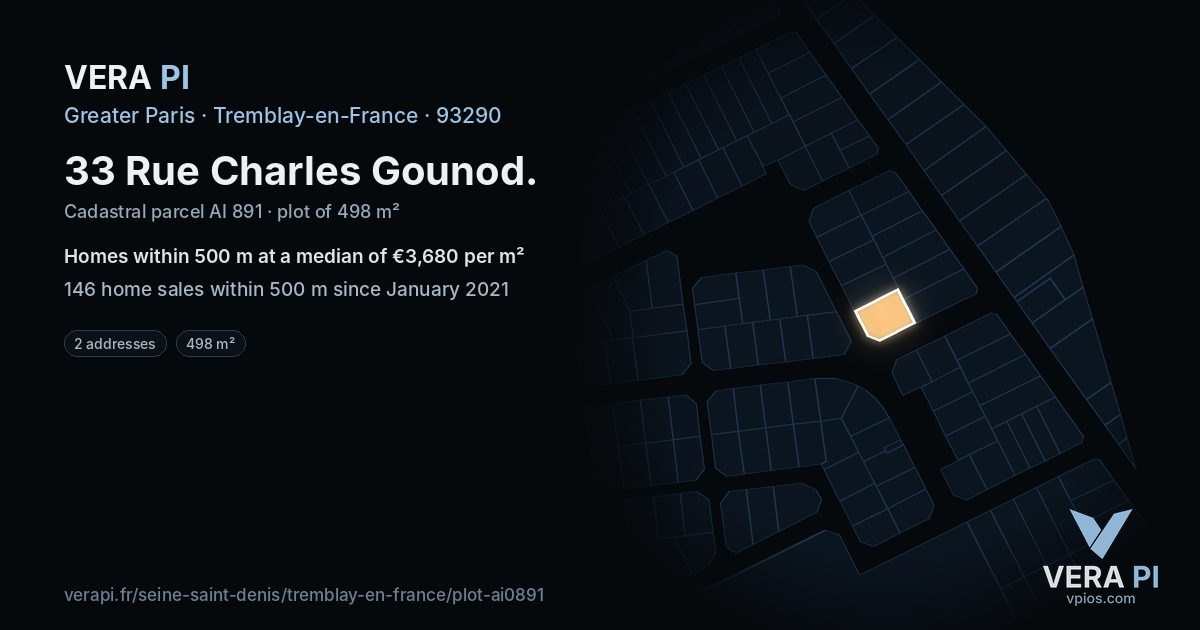 33 Rue Charles Gounod, Tremblay-en-France at night – the plot lit, the parcels around coloured by the prices near them