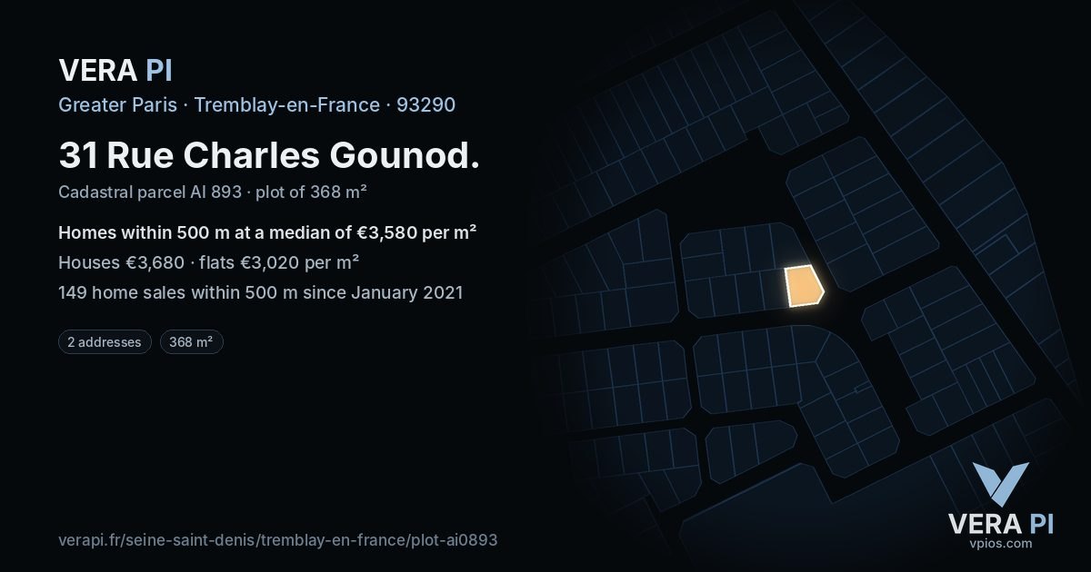 31 Rue Charles Gounod, Tremblay-en-France at night – the plot lit, the parcels around coloured by the prices near them